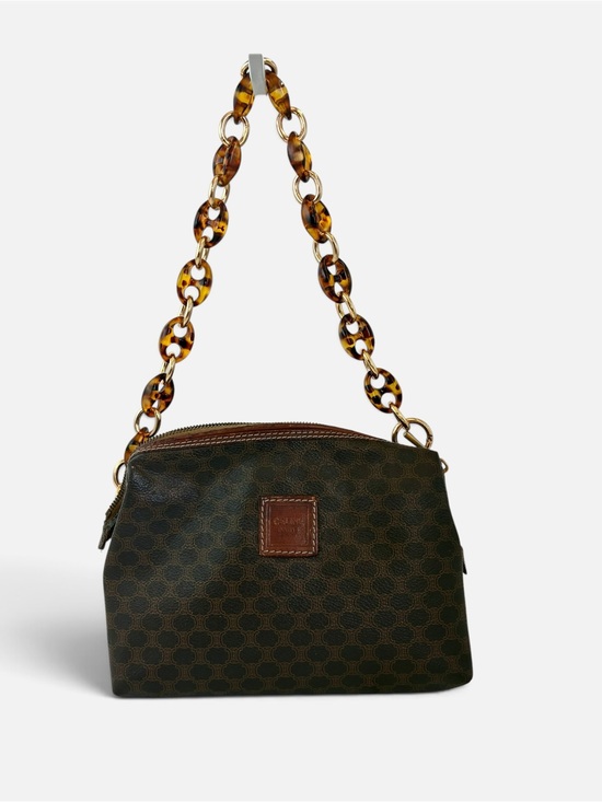 Celine Handbags - Celine Brown Logo-Print Shoulder Bag with Tortoiseshell Chain
